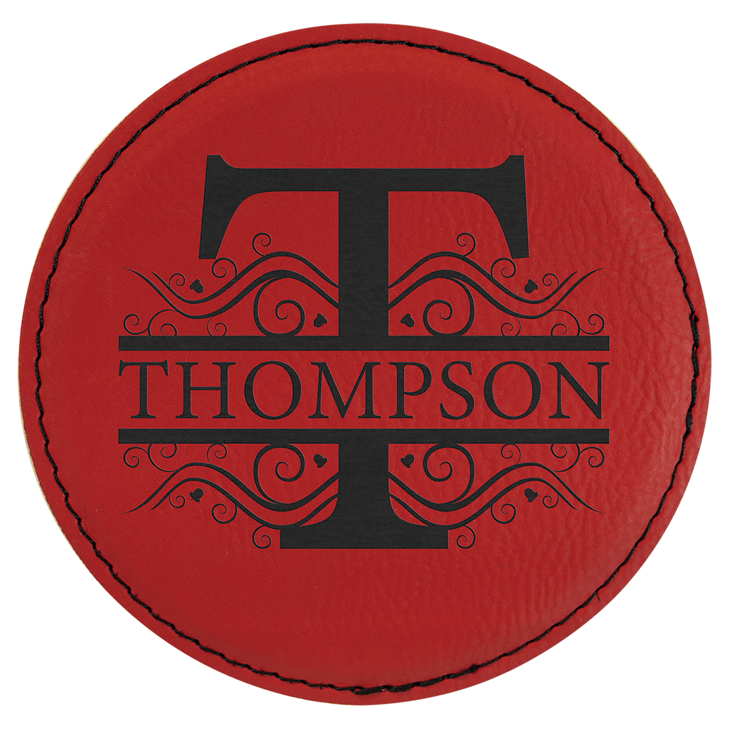 Red laser engravable leatherette round coaster set of 6 personalized