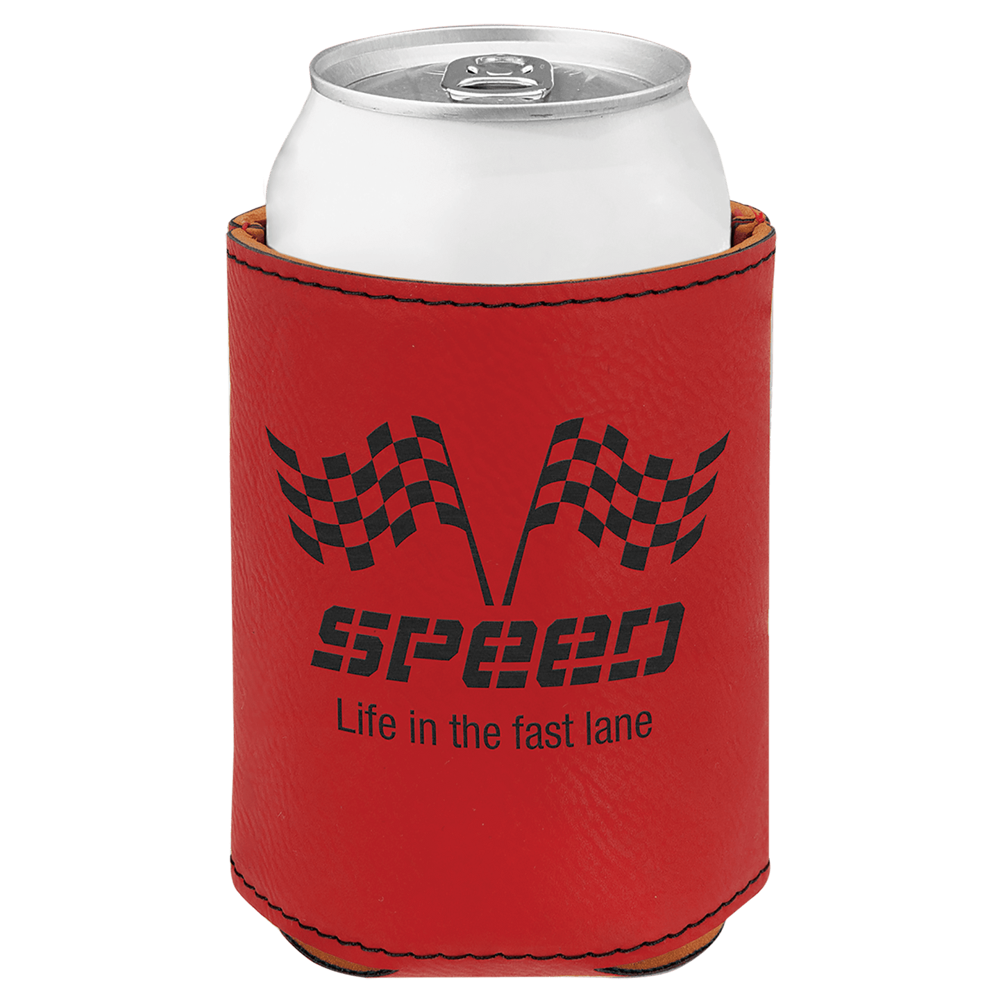 Personalized 3.75 inch leatherette can beverage holder with custom engraved name or monogram