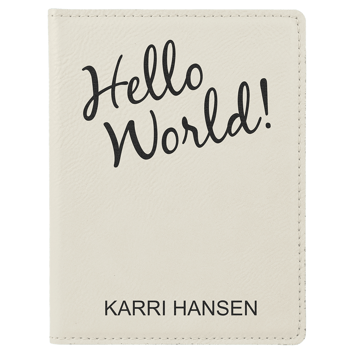 White 4 1/4" x 5 1/2" laser engravable leatherette passport holder personalized gift