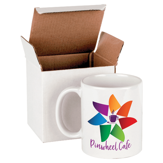 Personalized 11 oz. white ceramic coffee mug with custom full-color photo or design, arrives in white gift box