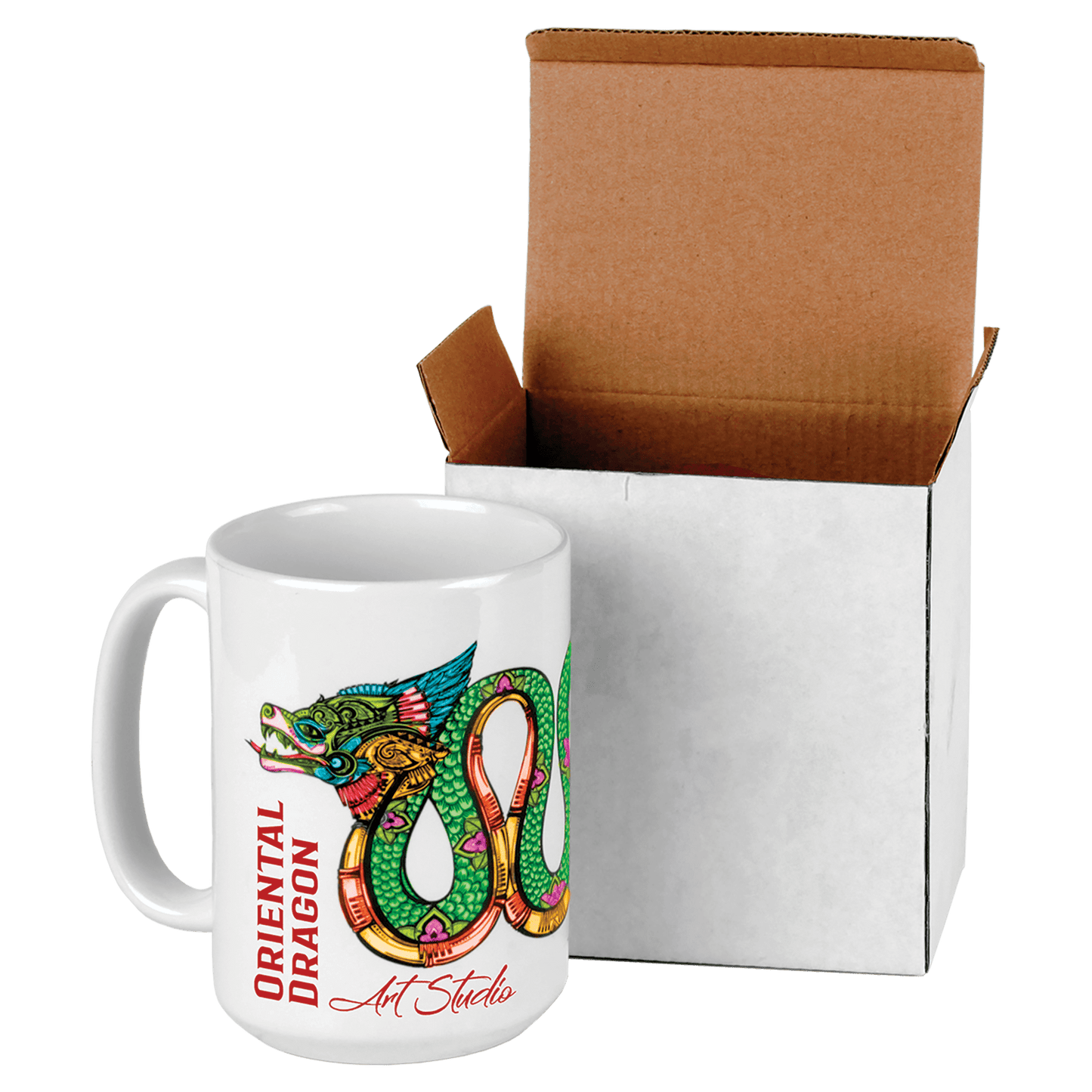 Personalized 15 oz. white ceramic coffee mug with custom full-color photo or design, arrives in white gift box