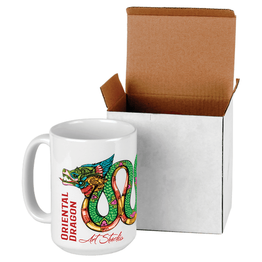 Personalized 15 oz. white ceramic coffee mug with custom full-color photo or design, arrives in white gift box