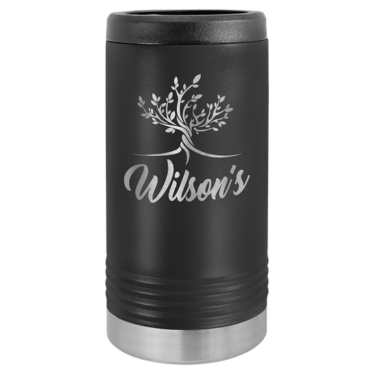 Personalized stainless steel slim can insulated beverage holder with custom engraved name or design
