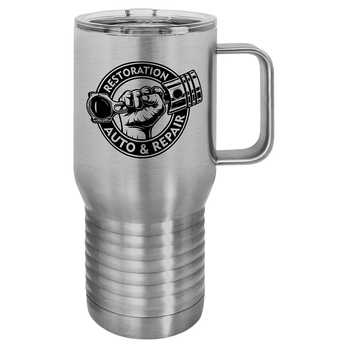 Personalized 20 oz. insulated stainless steel travel mug with slider lid and custom engraved name or message