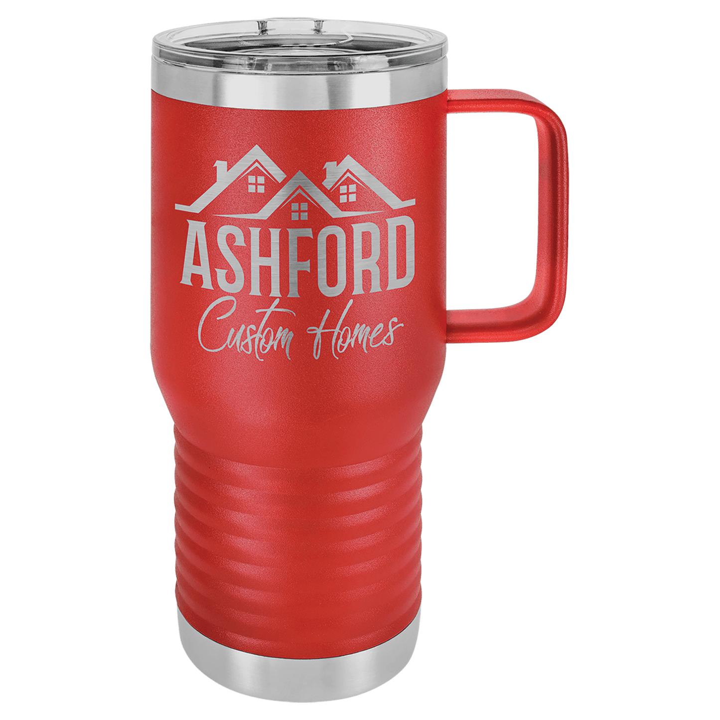Personalized 20 oz. insulated stainless steel travel mug with slider lid and custom engraved name or message