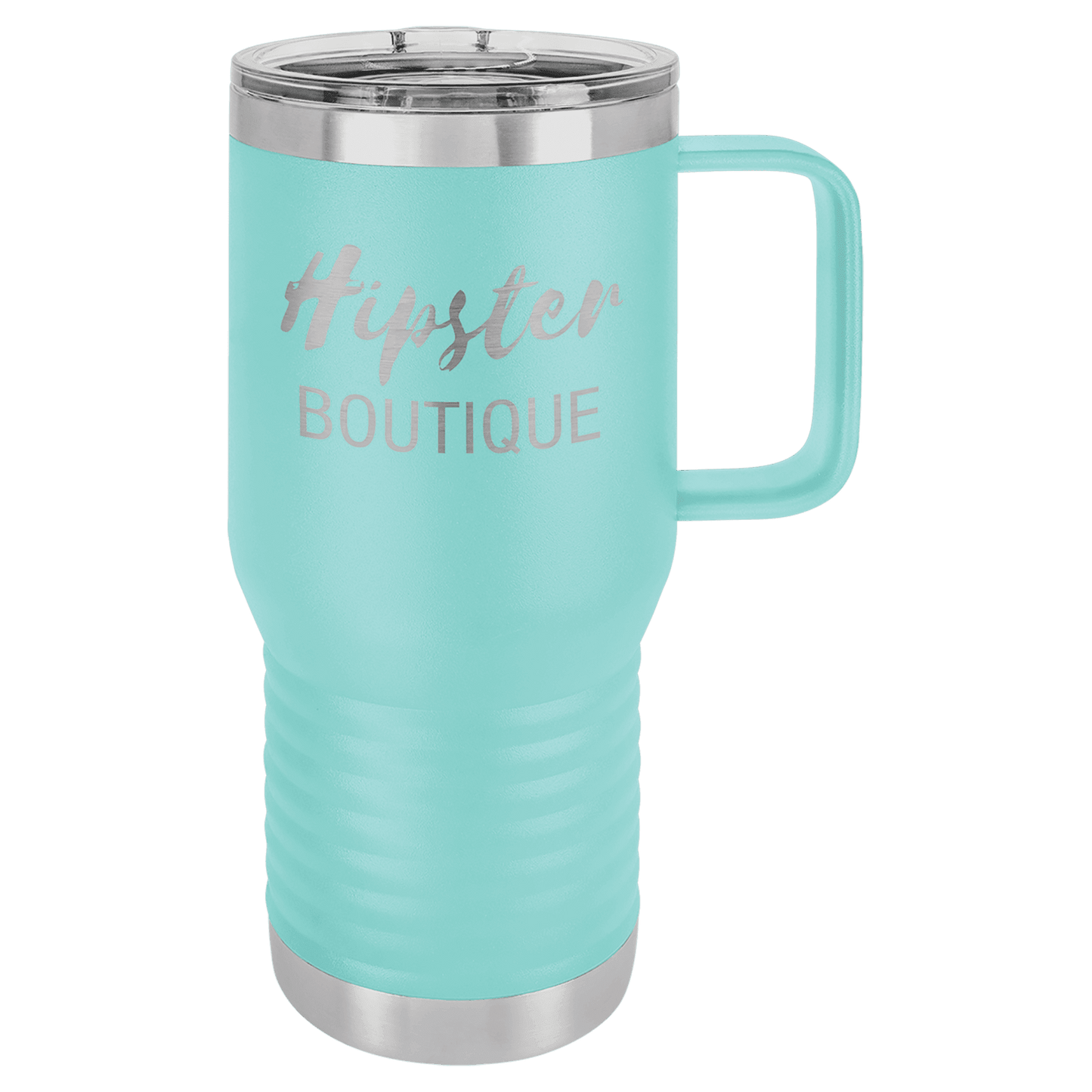 Personalized 20 oz. insulated stainless steel travel mug with slider lid and custom engraved name or message
