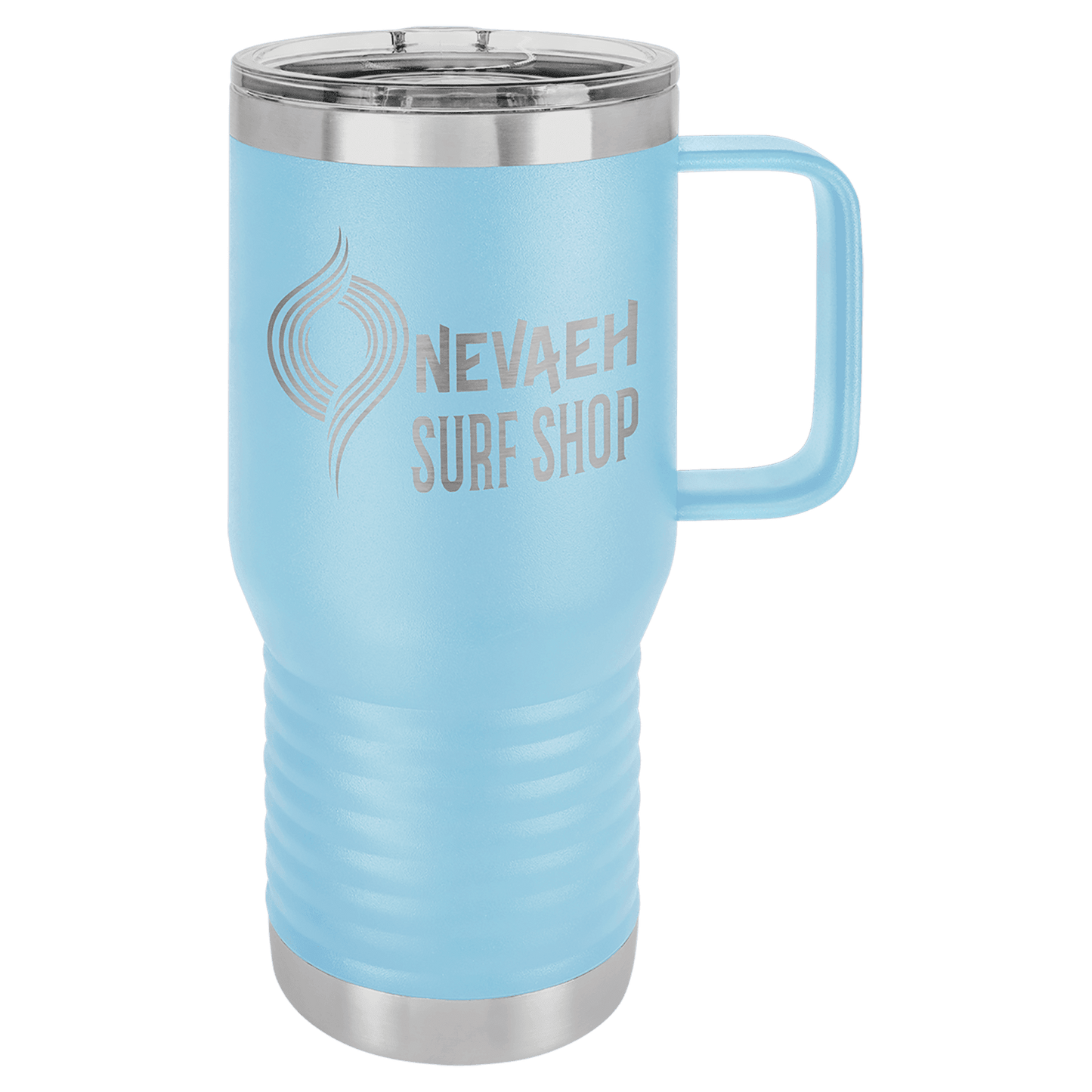 Personalized 20 oz. insulated stainless steel travel mug with slider lid and custom engraved name or message