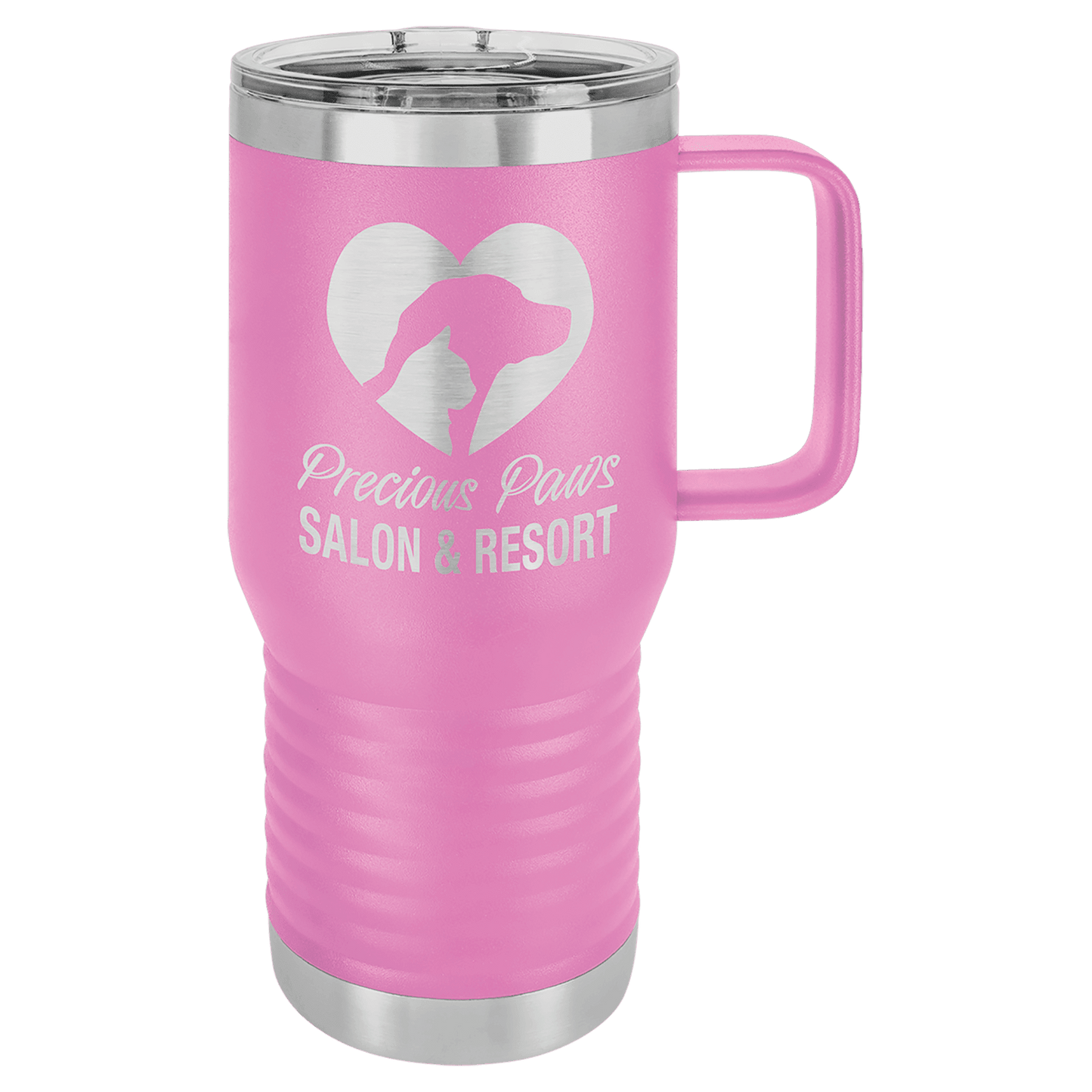 Personalized 20 oz. insulated stainless steel travel mug with slider lid and custom engraved name or message