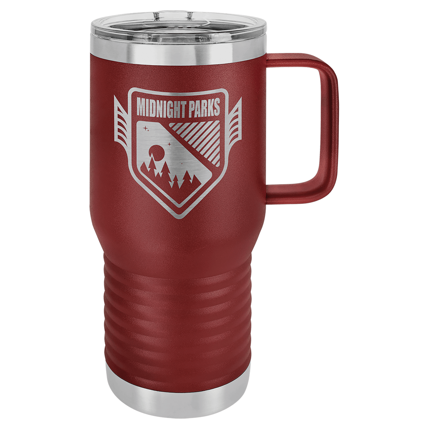 Personalized 20 oz. insulated stainless steel travel mug with slider lid and custom engraved name or message
