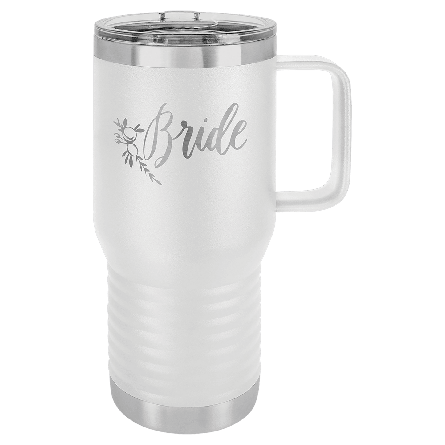 Personalized 20 oz. insulated stainless steel travel mug with slider lid and custom engraved name or message