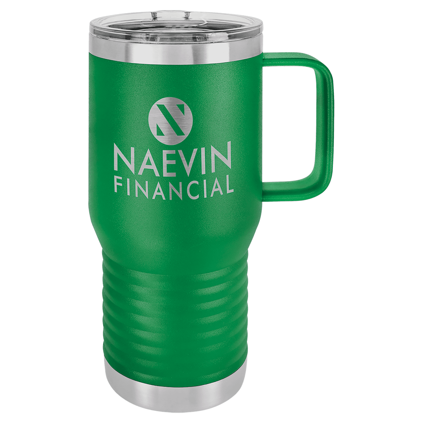 Personalized 20 oz. insulated stainless steel travel mug with slider lid and custom engraved name or message