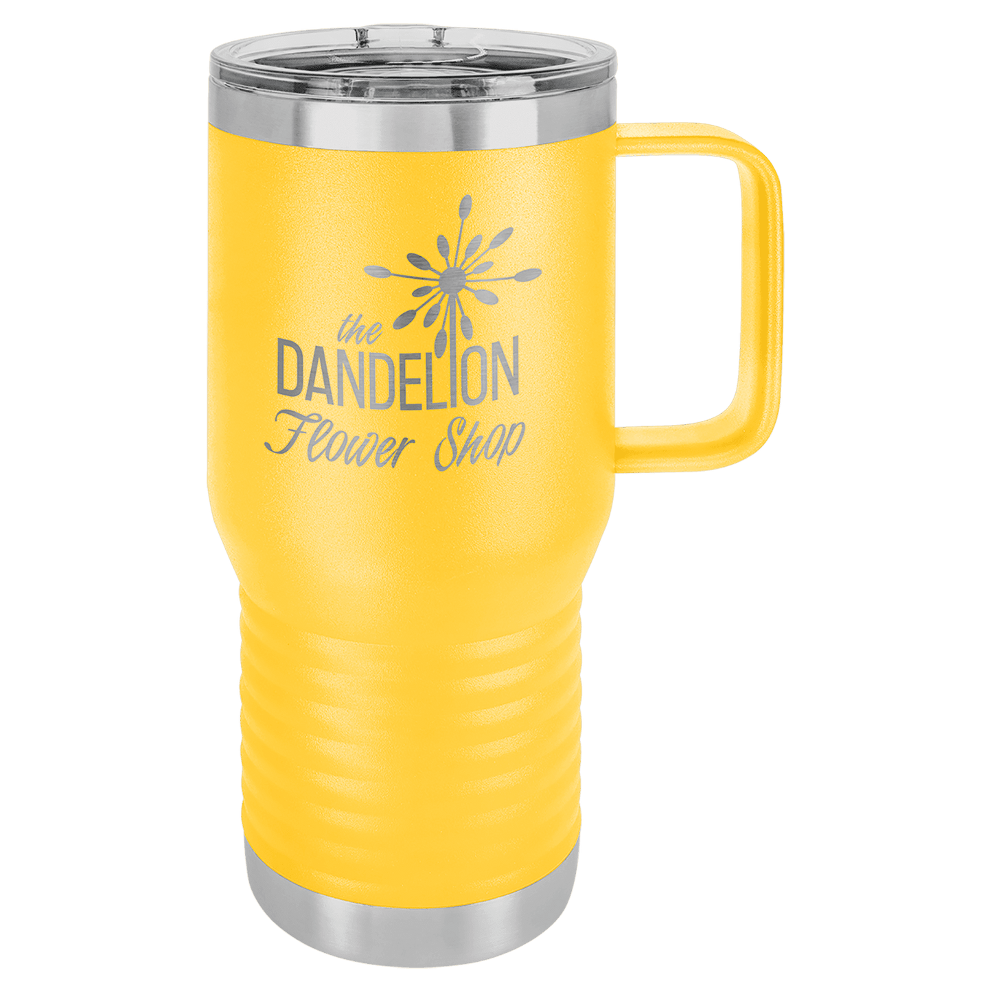 Personalized 20 oz. insulated stainless steel travel mug with slider lid and custom engraved name or message