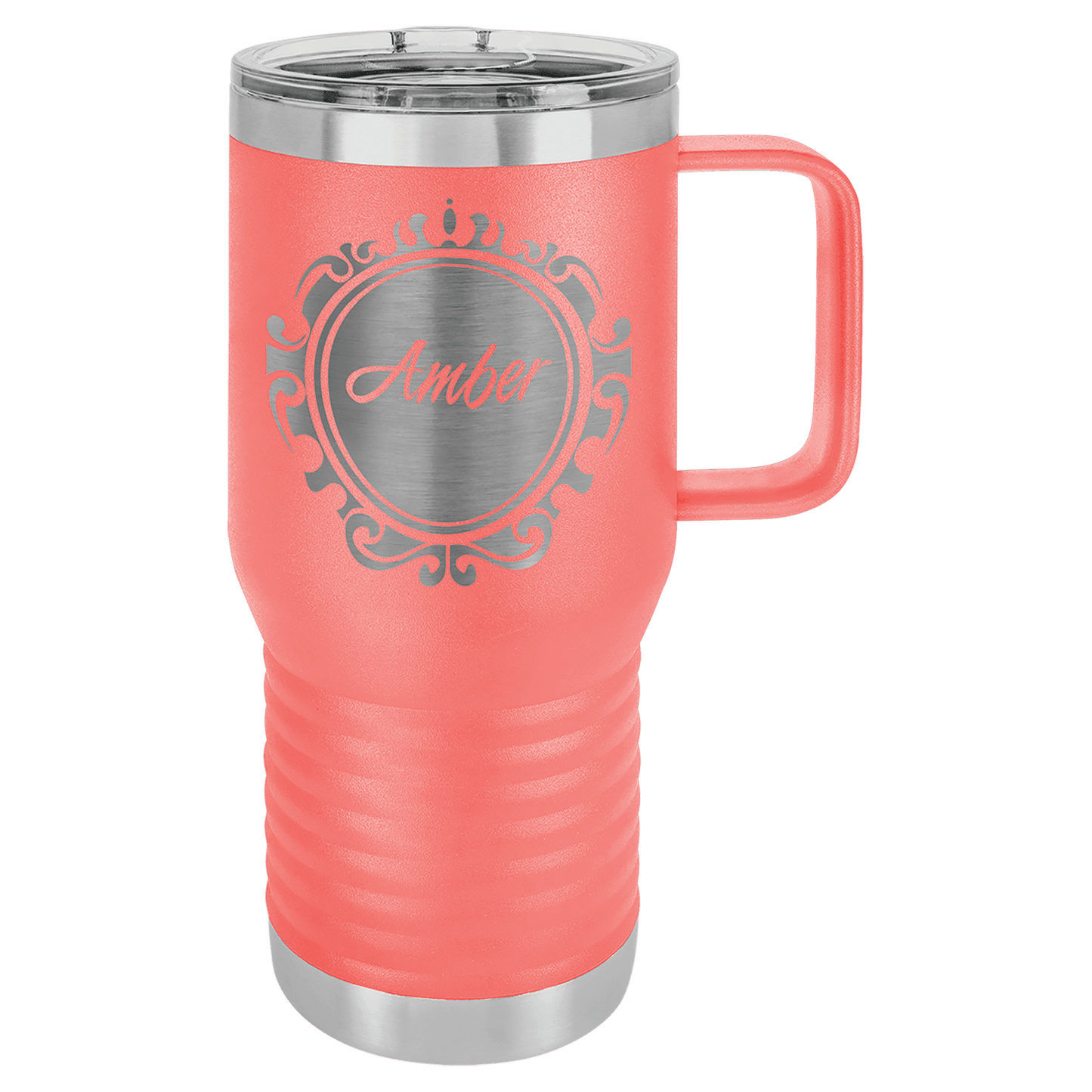 Personalized 20 oz. insulated stainless steel travel mug with slider lid and custom engraved name or message