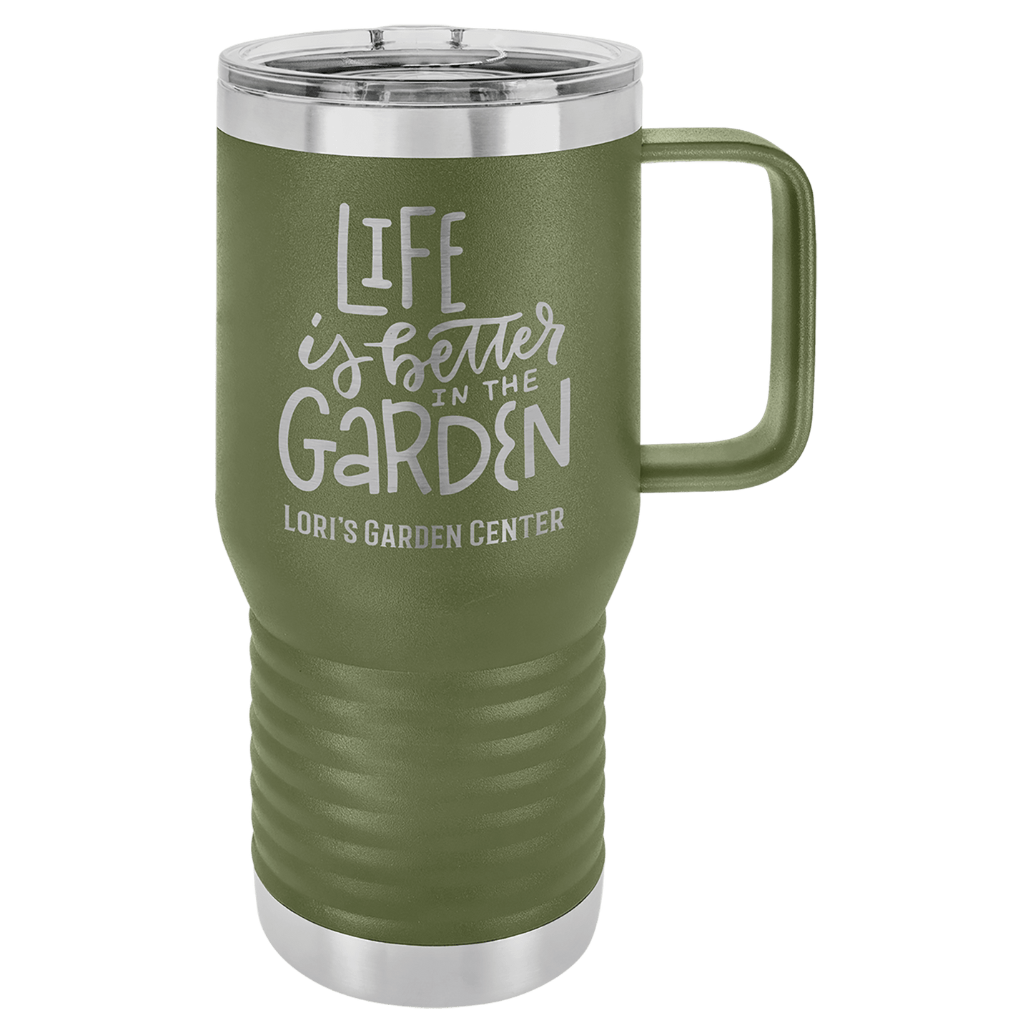 Personalized 20 oz. insulated stainless steel travel mug with slider lid and custom engraved name or message