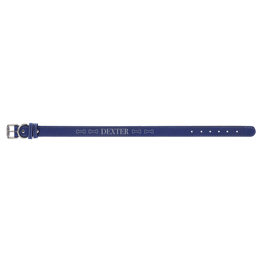 Blue/Silver large laser engraved leatherette dog collar personalized pet ID