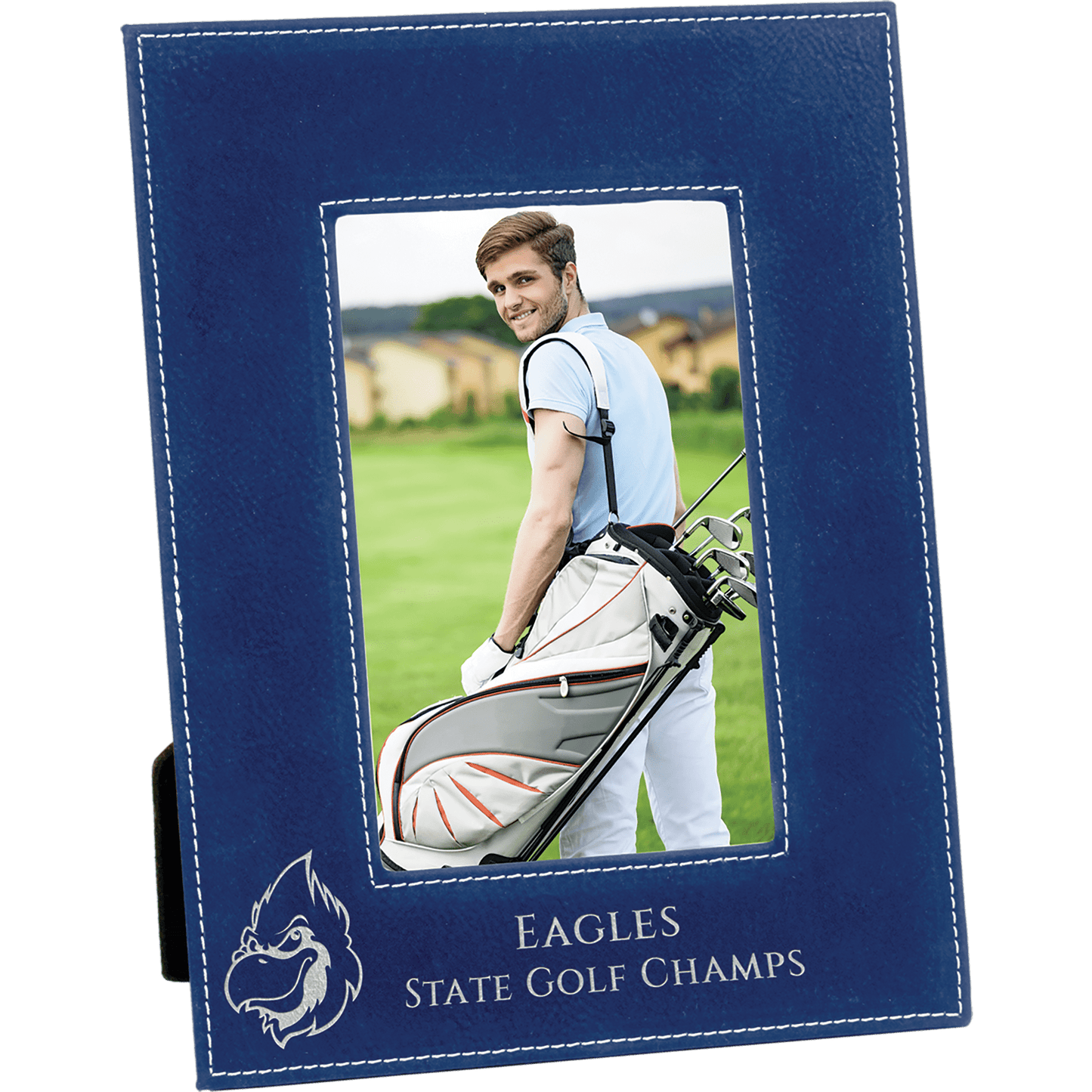 Blue/Silver 4" x 6" laser engravable leatherette photo frame personalized gift