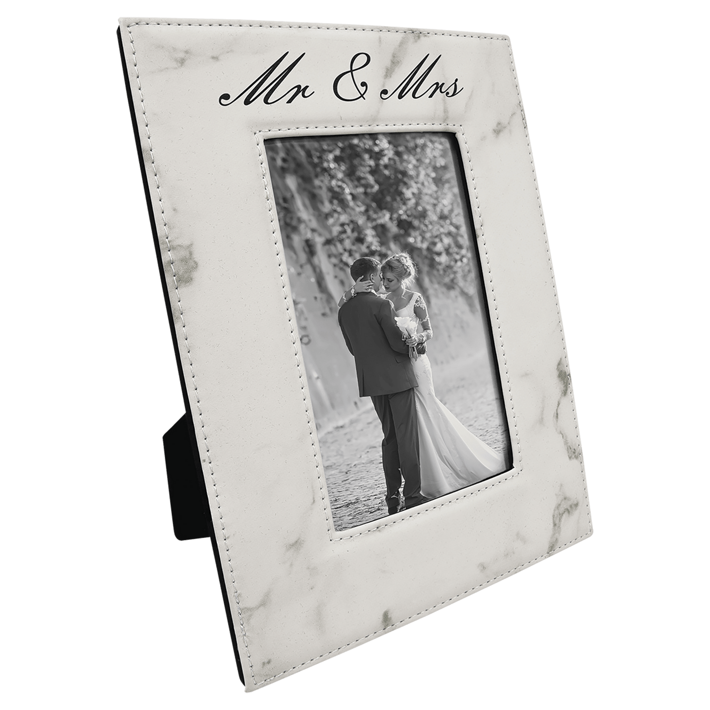 White Marble 4" x 6" laser engravable leatherette photo frame personalized gift