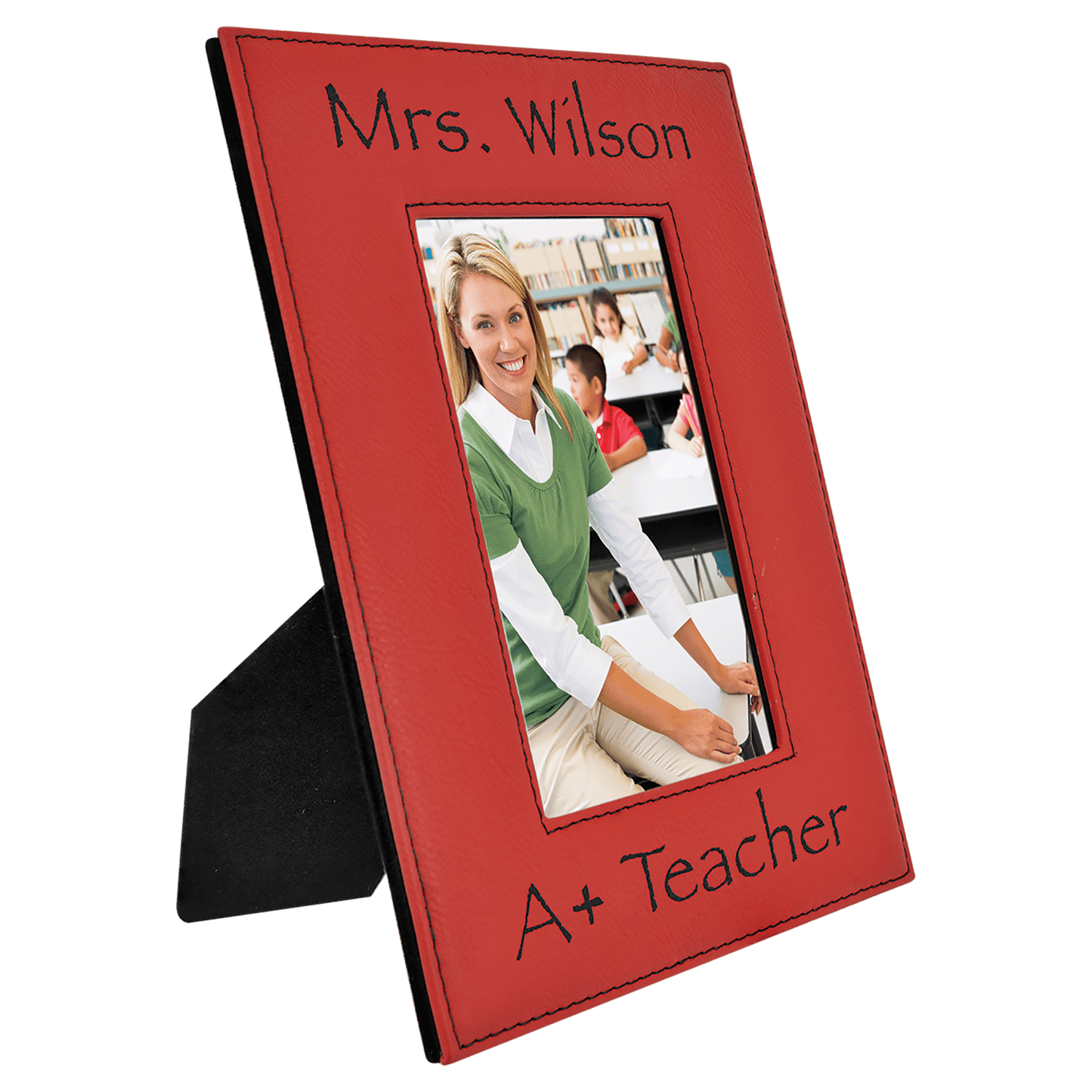 Red 4" x 6" laser engravable leatherette photo frame personalized gift