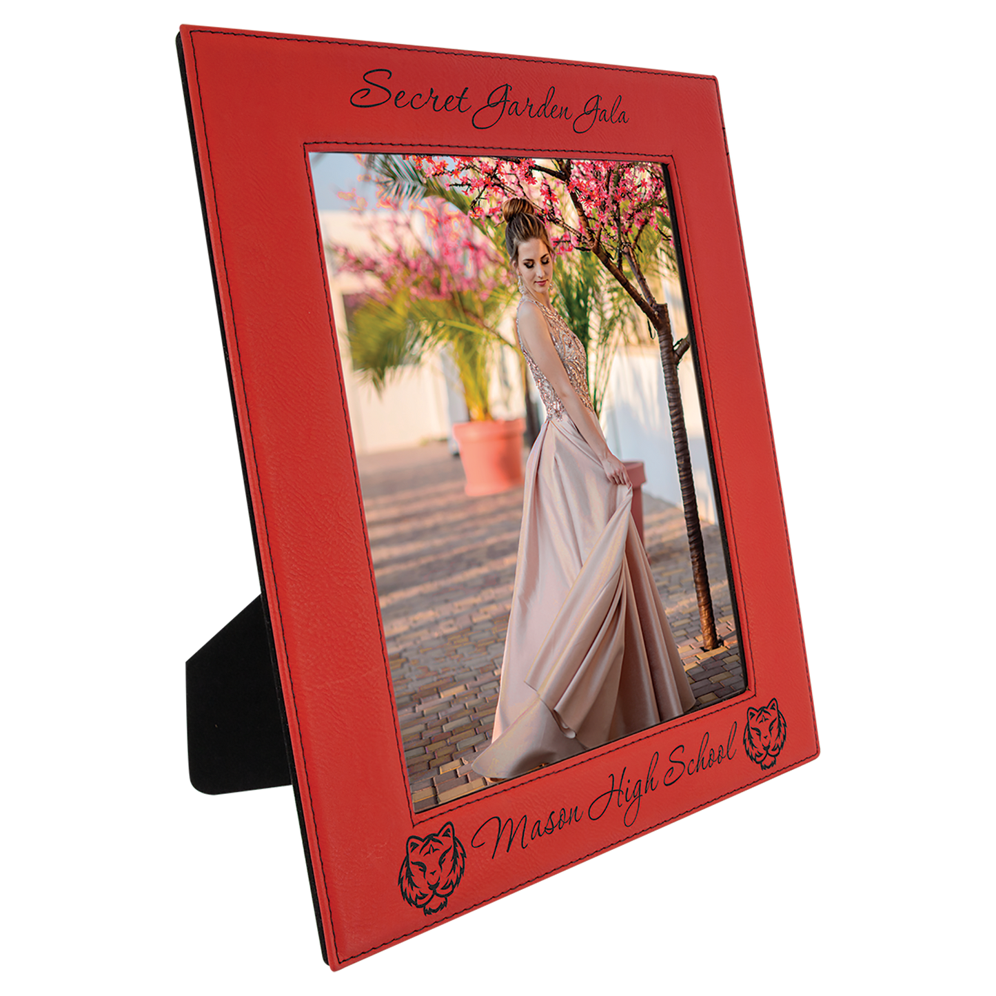 Red 8" x 10" laser engravable leatherette photo frame personalized gift