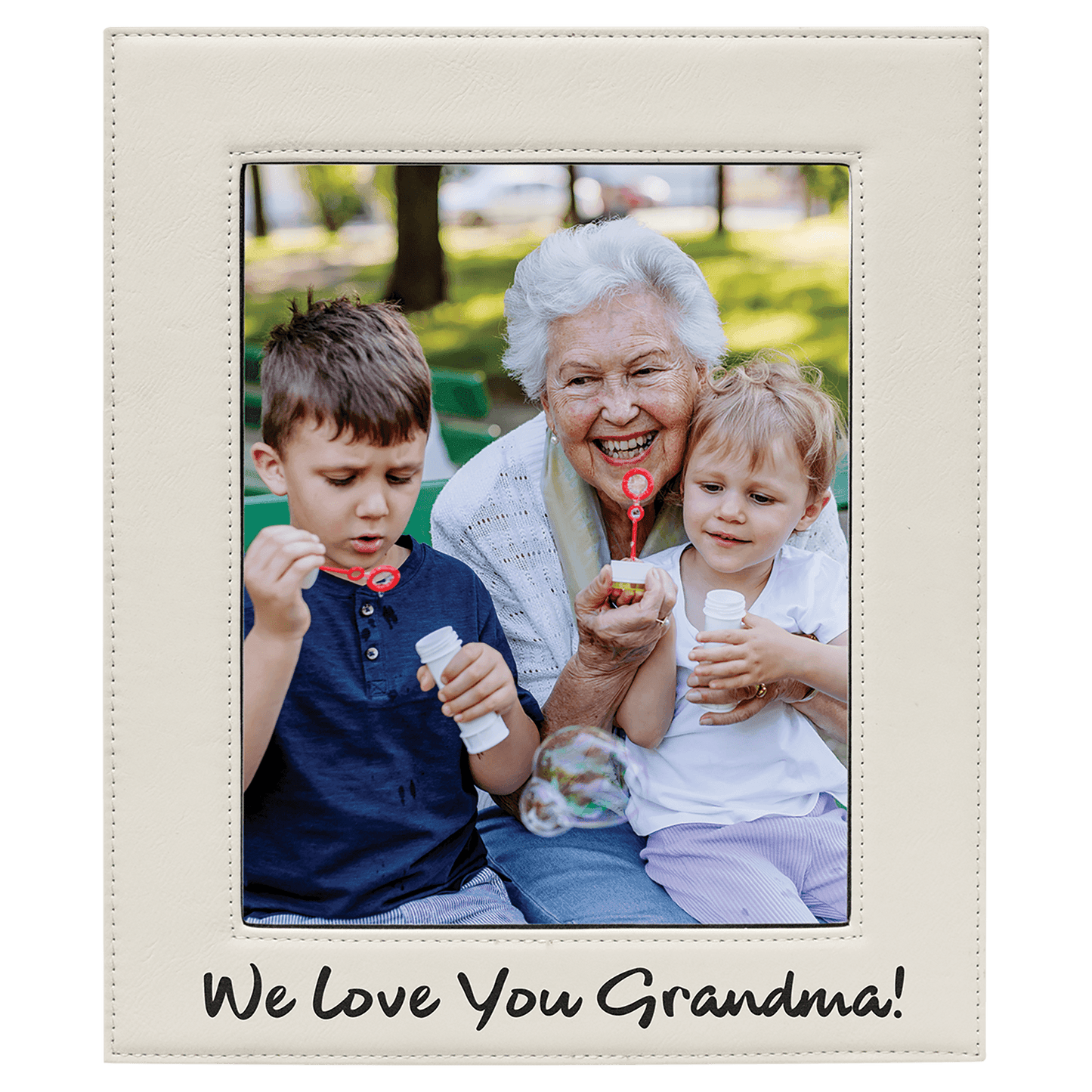 White 8" x 10" laser engravable leatherette photo frame personalized gift