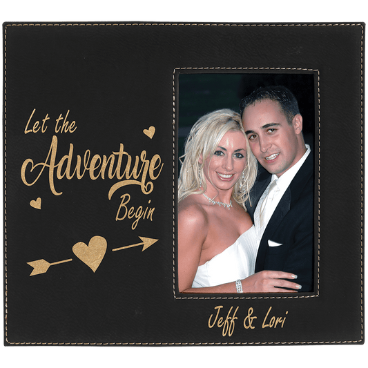 Black/Gold 4" x 6" laser engravable leatherette photo frame personalized gift
