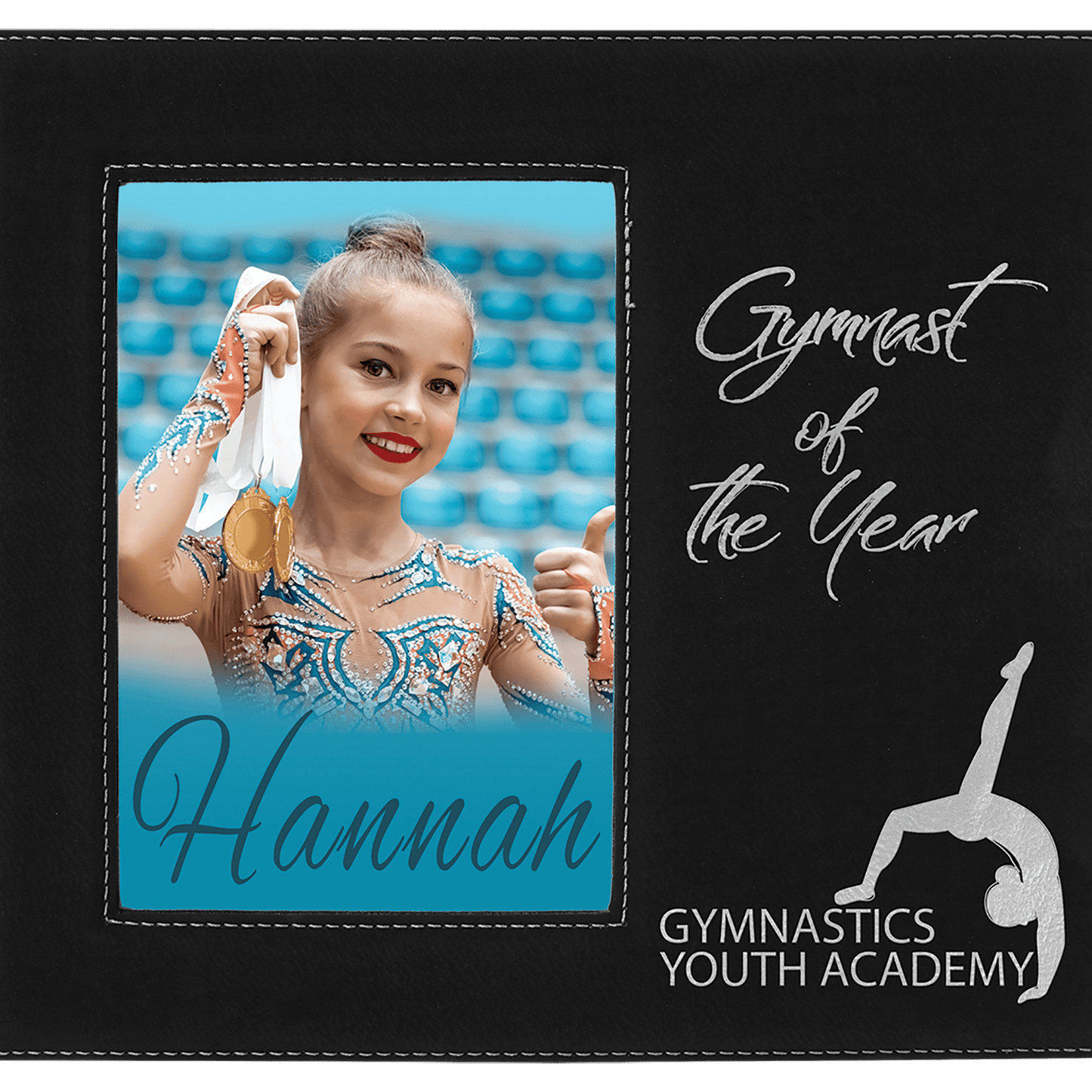 Black/Silver 5" x 7" laser engravable leatherette photo frame personalized gift