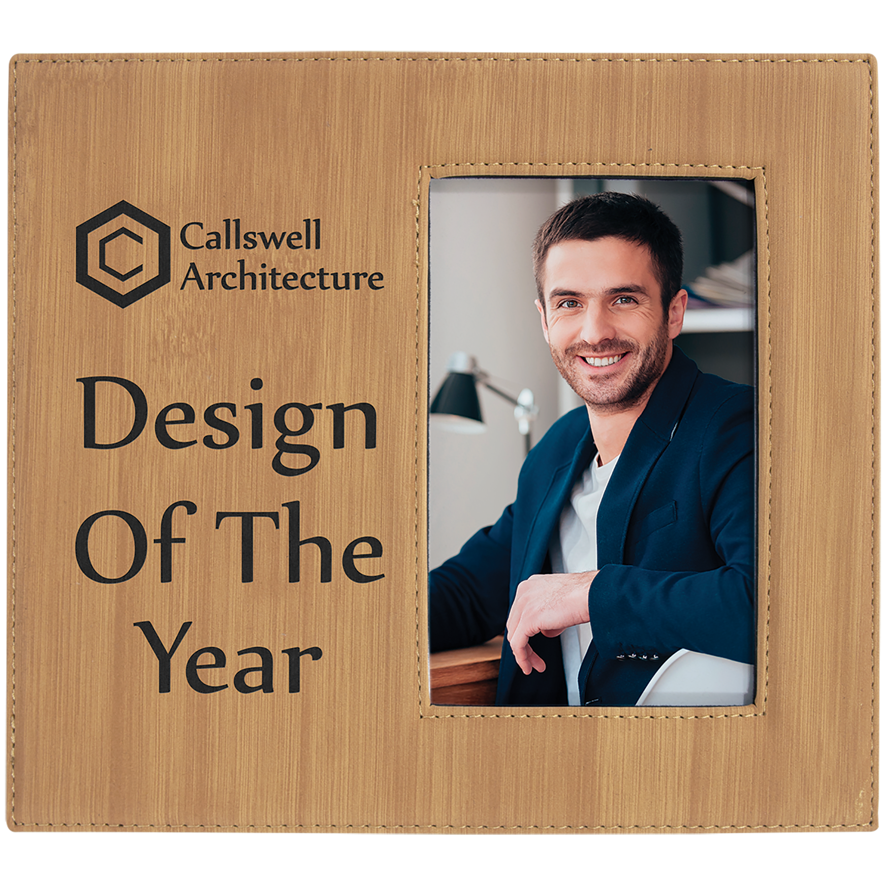 4" x 6" Bamboo Leatherette Photo Frame with 4 1/4" x 7 7/8" Engraving Area