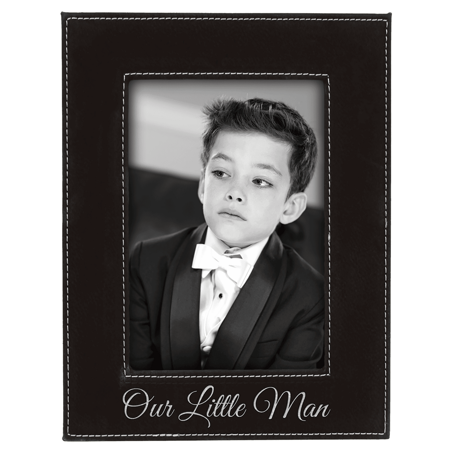 Black/Silver 4" x 6" laser engravable leatherette photo frame personalized gift