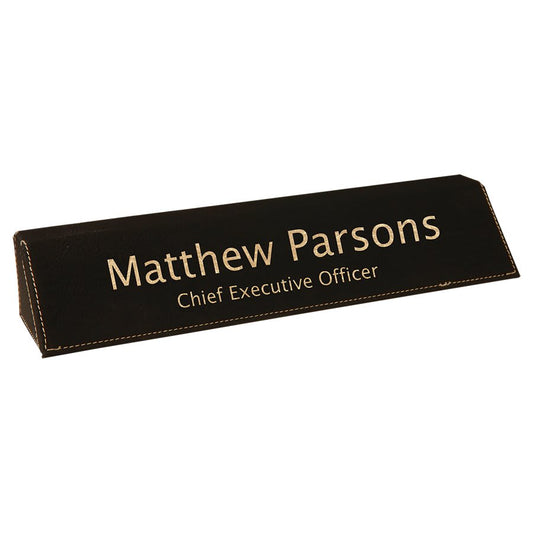 Black/Gold laser engravable leatherette desk wedge name plate personalized
