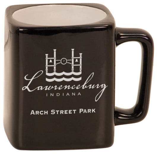 Personalized 8 oz. black ceramic square coffee mug with custom engraved name or message in white