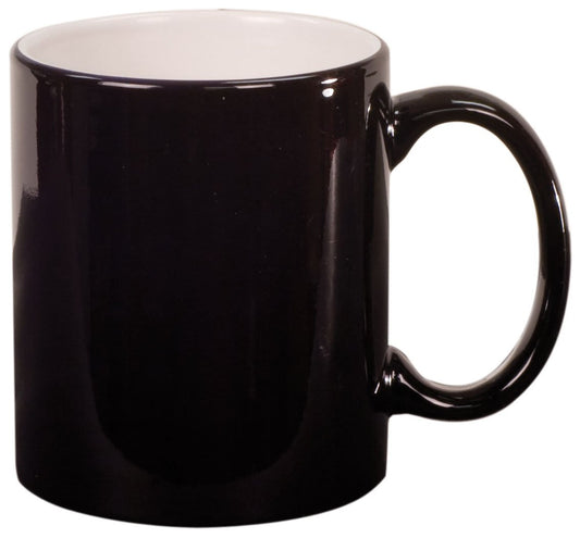 Personalized 11 oz. black ceramic coffee mug with custom engraved name or message in white