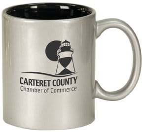 Personalized 11 oz. black ceramic coffee mug with custom engraved name or message in white
