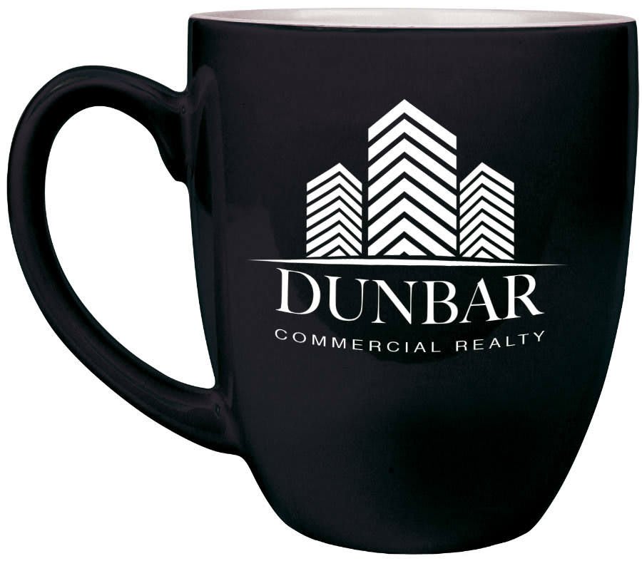 Personalized 16 oz. black ceramic bistro coffee mug with custom engraved name or message in white
