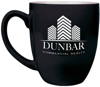 Personalized 16 oz. black ceramic bistro coffee mug with custom engraved name or message in white