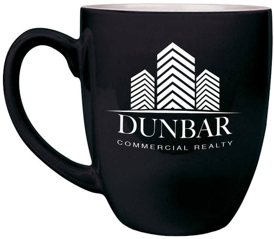 Personalized 16 oz. black ceramic bistro coffee mug with custom engraved name or message in white