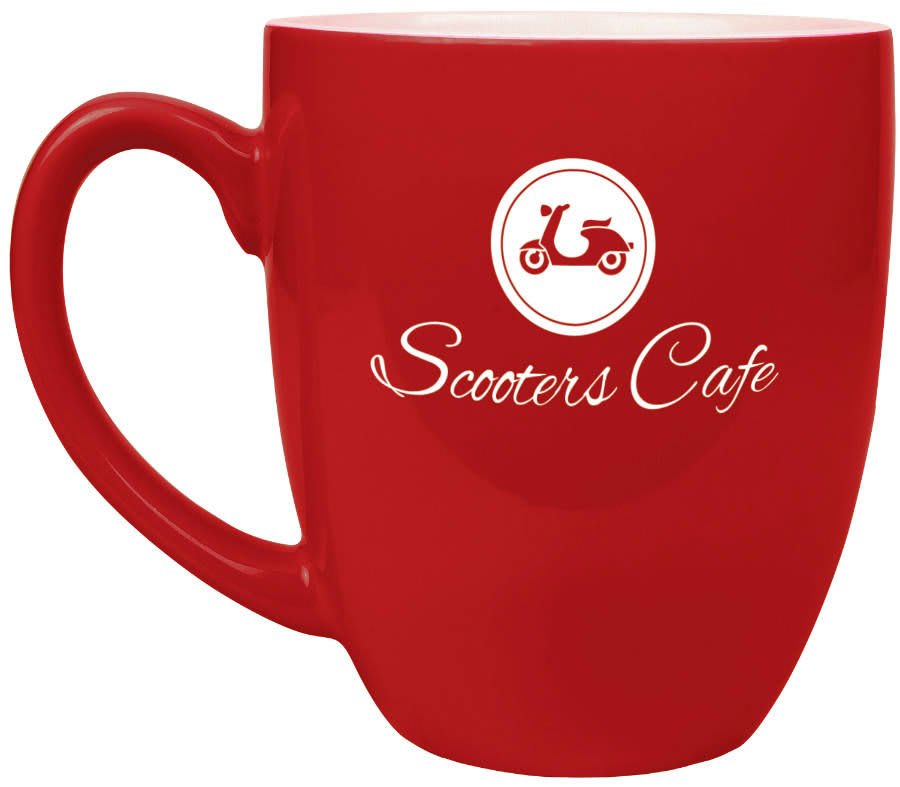 Personalized 16 oz. black ceramic bistro coffee mug with custom engraved name or message in white