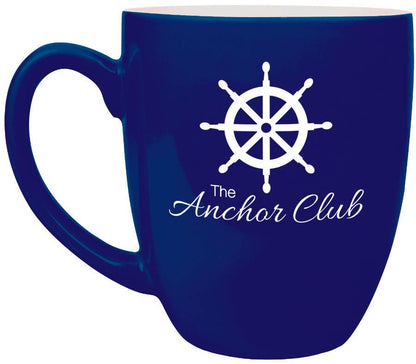 Personalized 16 oz. black ceramic bistro coffee mug with custom engraved name or message in white