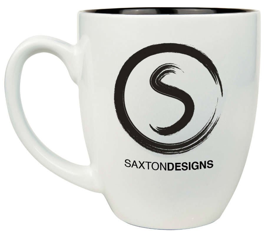 Personalized 16 oz. black ceramic bistro coffee mug with custom engraved name or message in white