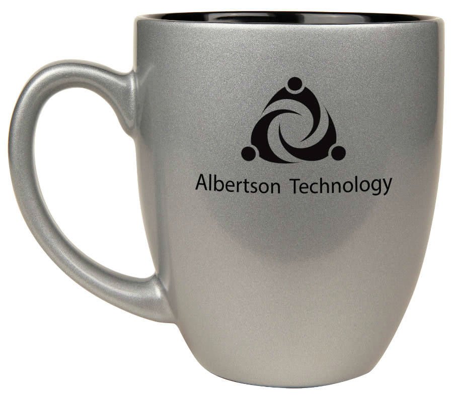 Personalized 16 oz. black ceramic bistro coffee mug with custom engraved name or message in white