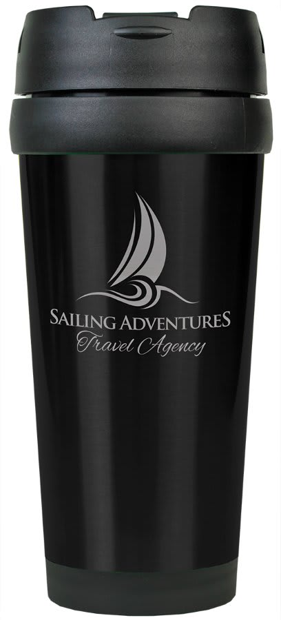 Personalized 16 oz. insulated stainless steel travel mug with custom engraved name or message