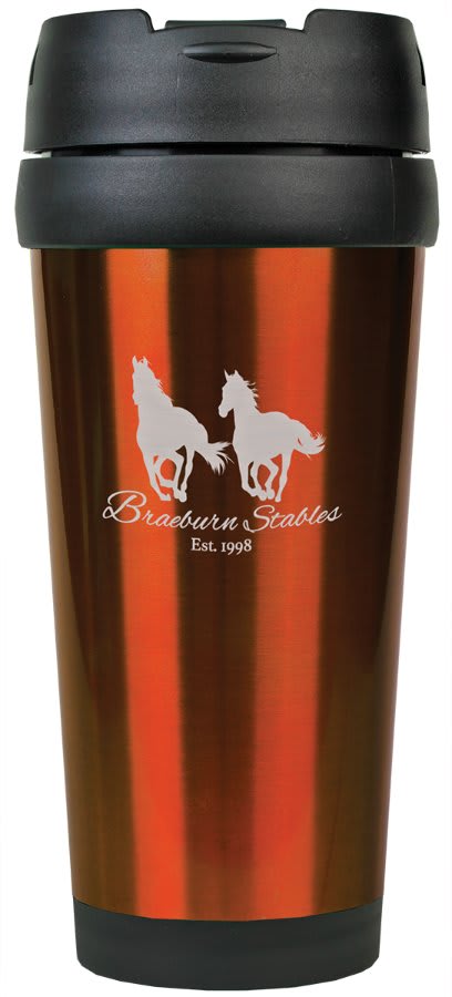 Personalized 16 oz. insulated stainless steel travel mug with custom engraved name or message