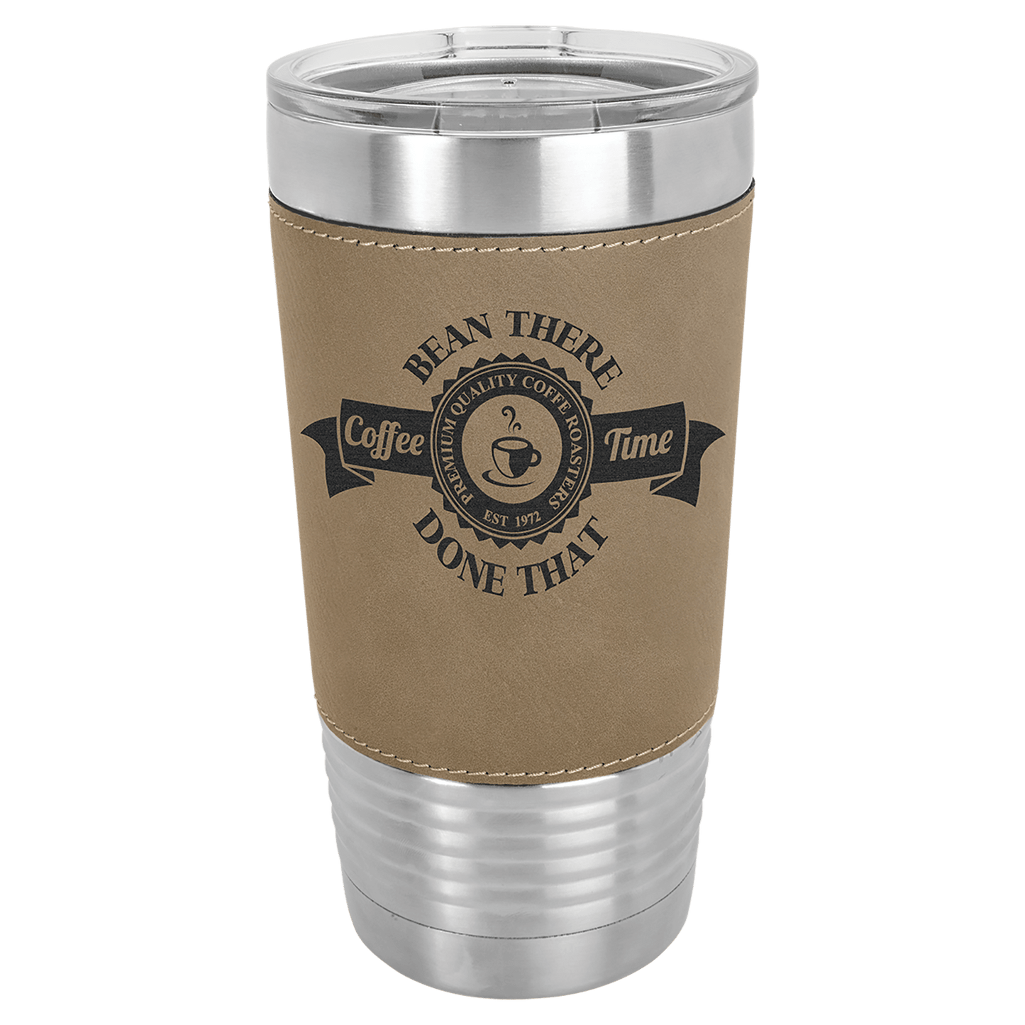Personalized 20 oz. leatherette wrapped insulated tumbler with clear lid and custom engraved name