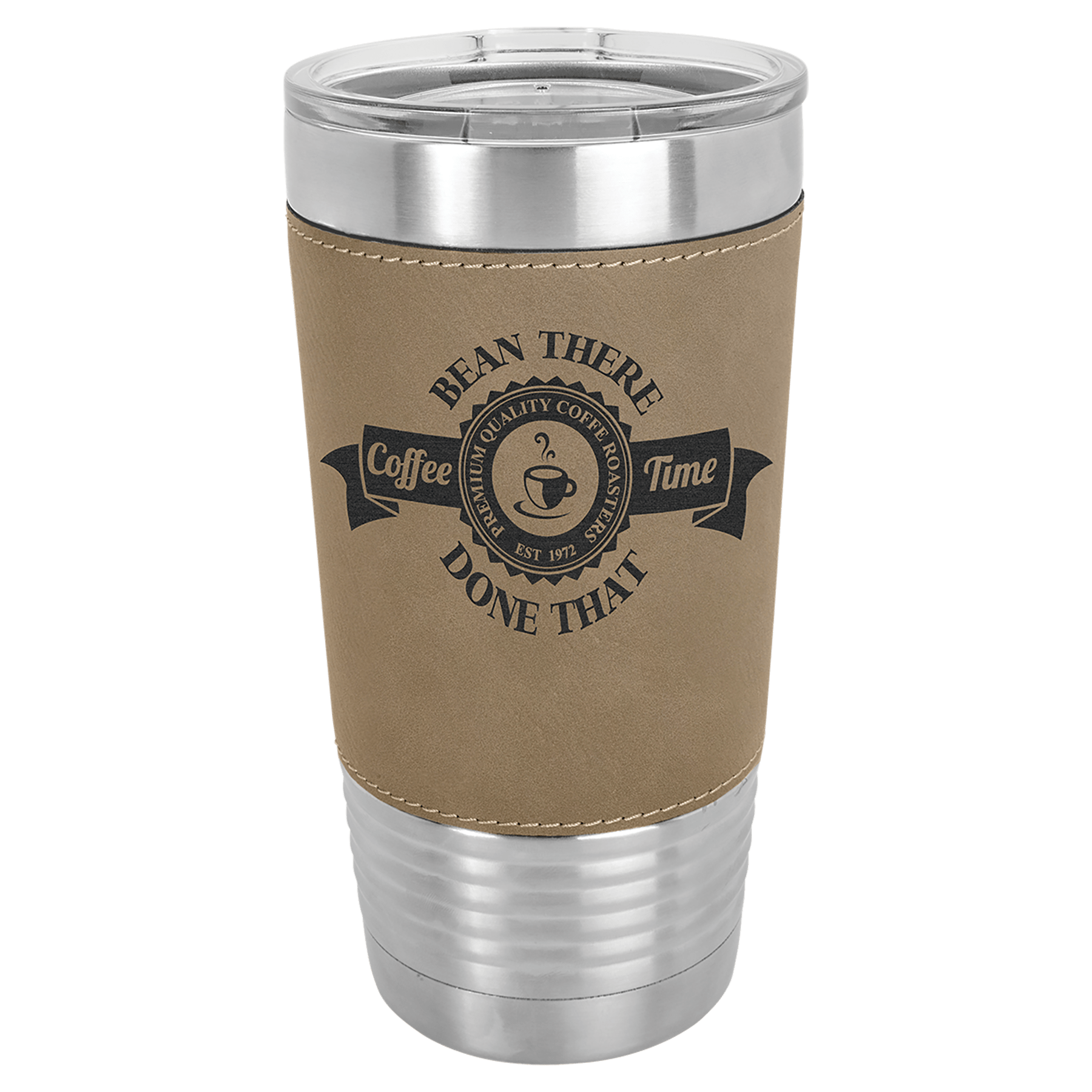 Personalized 20 oz. leatherette wrapped insulated tumbler with clear lid and custom engraved name