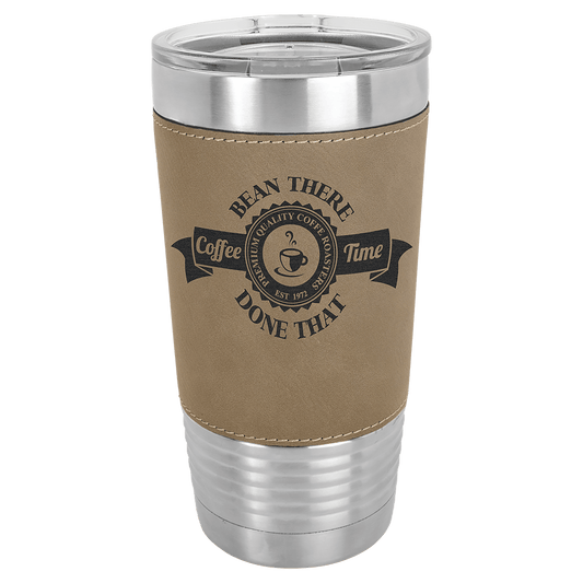 Personalized 20 oz. leatherette wrapped insulated tumbler with clear lid and custom engraved name