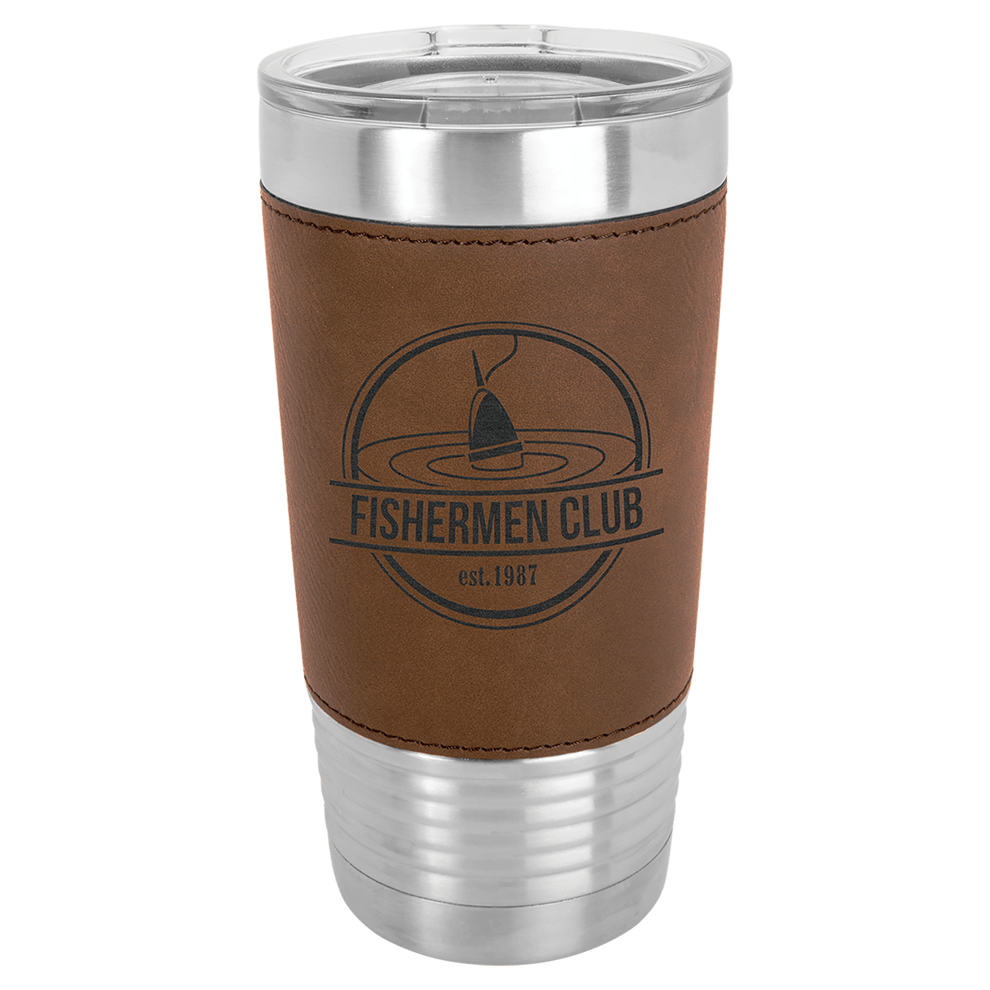 Personalized 20 oz. leatherette wrapped insulated tumbler with clear lid and custom engraved name