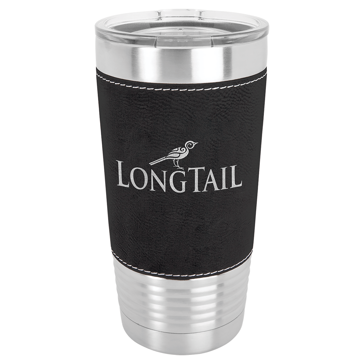 Personalized 20 oz. leatherette wrapped insulated tumbler with clear lid and custom engraved name