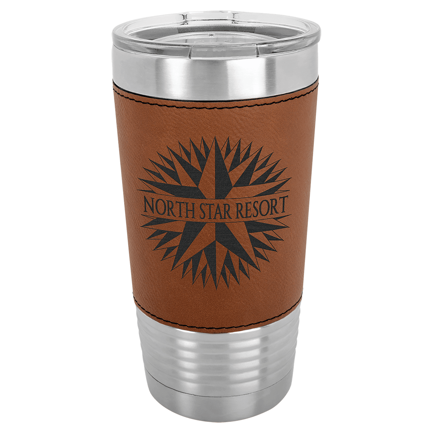 Personalized 20 oz. leatherette wrapped insulated tumbler with clear lid and custom engraved name