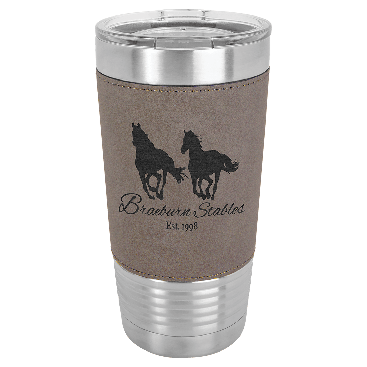 Personalized 20 oz. leatherette wrapped insulated tumbler with clear lid and custom engraved name
