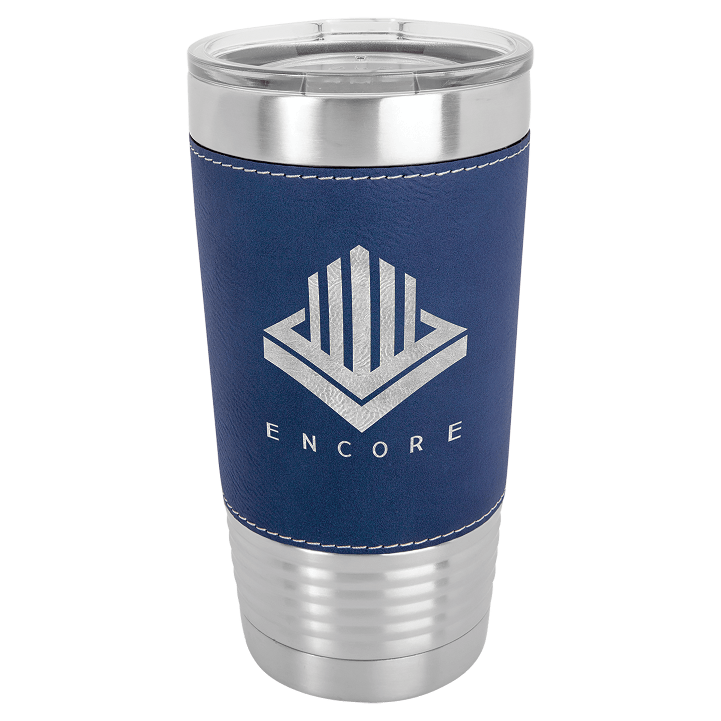 Personalized 20 oz. leatherette wrapped insulated tumbler with clear lid and custom engraved name