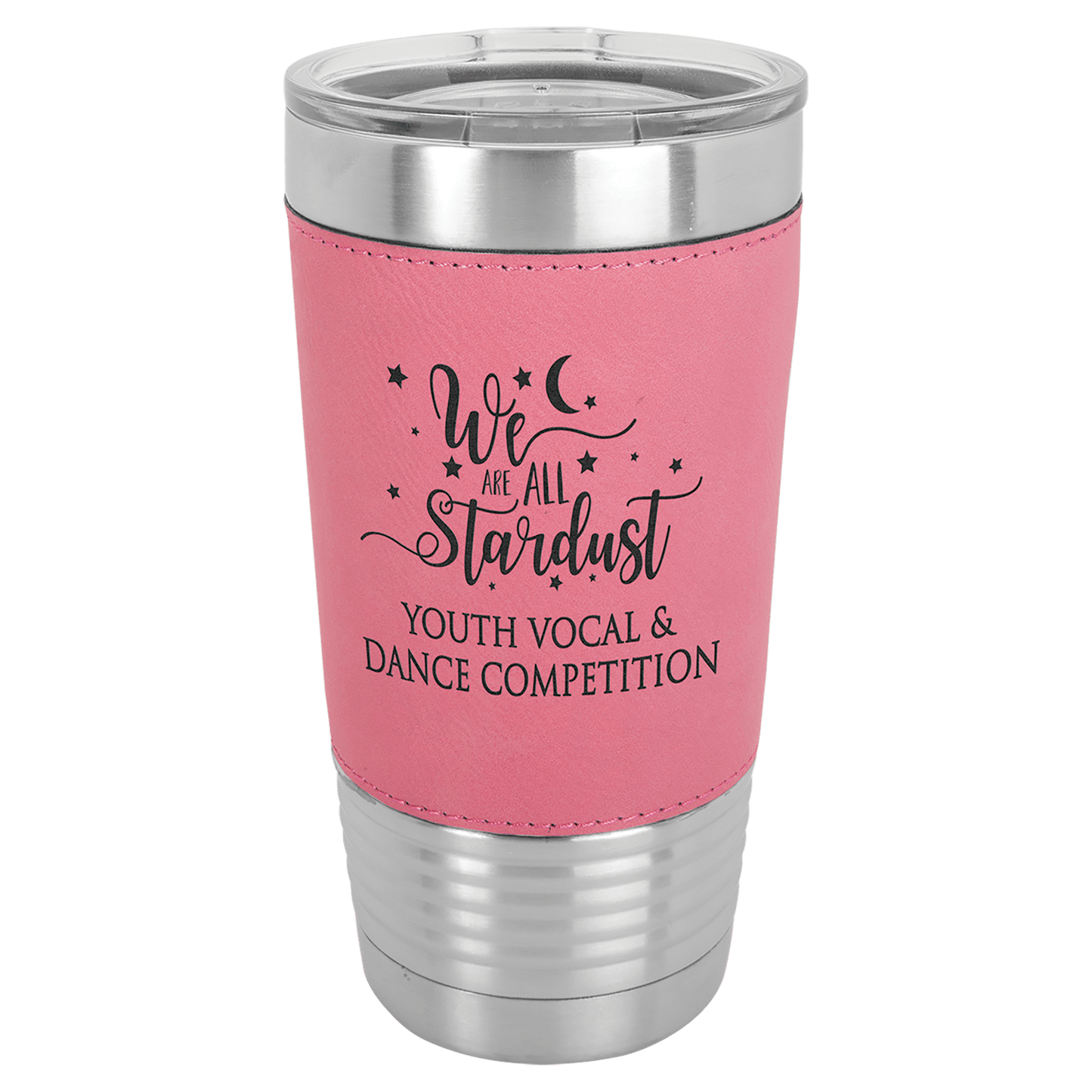 Personalized 20 oz. leatherette wrapped insulated tumbler with clear lid and custom engraved name